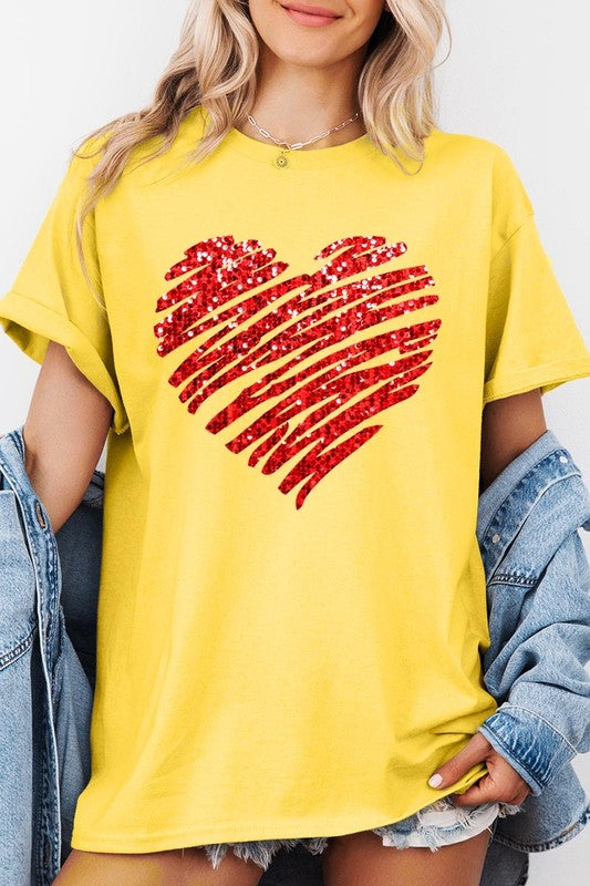 Faux Sequins Heart Graphic Plus Heavy Cotton Tee