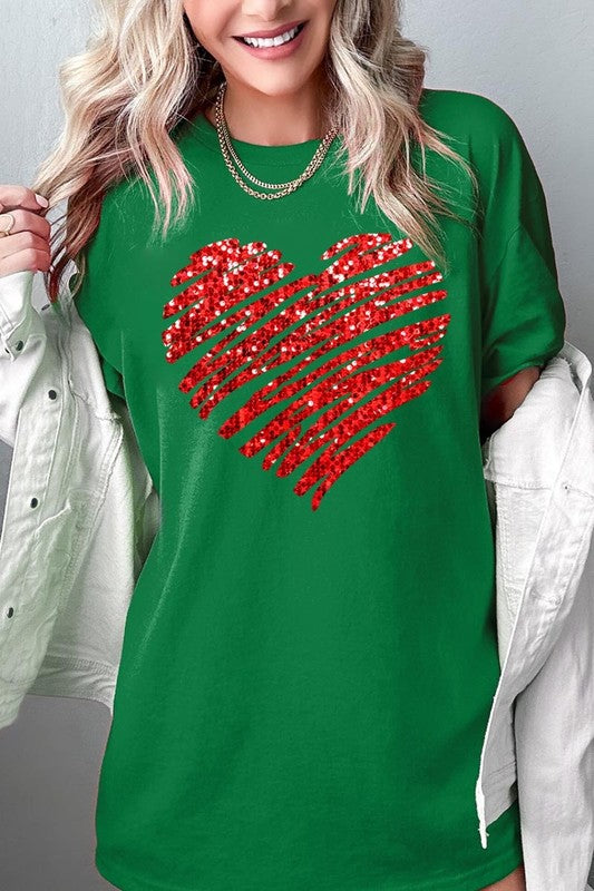 Faux Sequins Heart Graphic Plus Heavy Cotton Tee