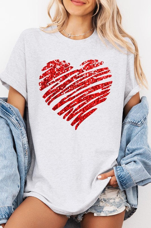 Faux Sequins Heart Graphic Plus Heavy Cotton Tee