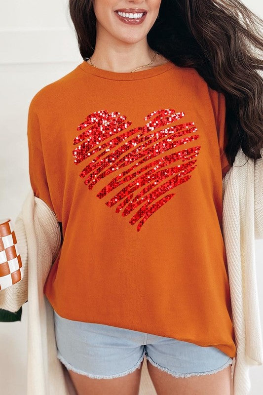 Faux Sequins Heart Graphic Plus Heavy Cotton Tee