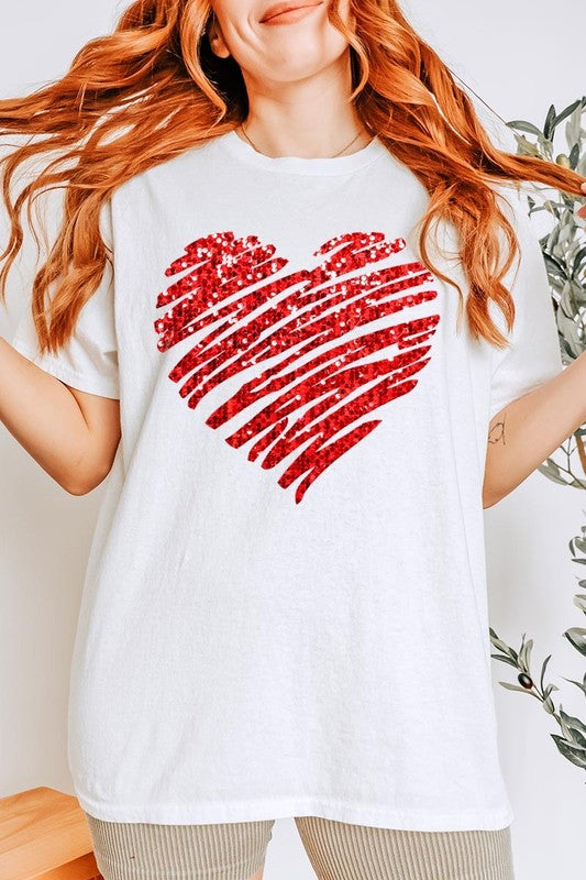 Faux Sequins Heart Graphic Plus Heavy Cotton Tee