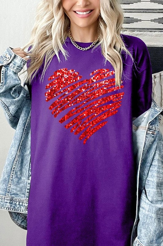 Faux Sequins Heart Graphic Plus Heavy Cotton Tee