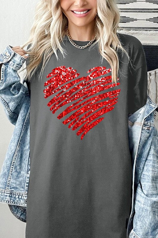 Faux Sequins Heart Graphic Plus Heavy Cotton Tee