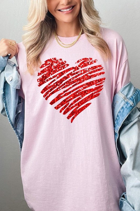 Faux Sequins Heart Graphic Plus Heavy Cotton Tee