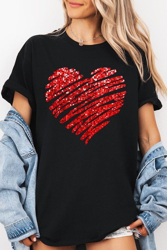 Faux Sequins Heart Graphic Plus Heavy Cotton Tee