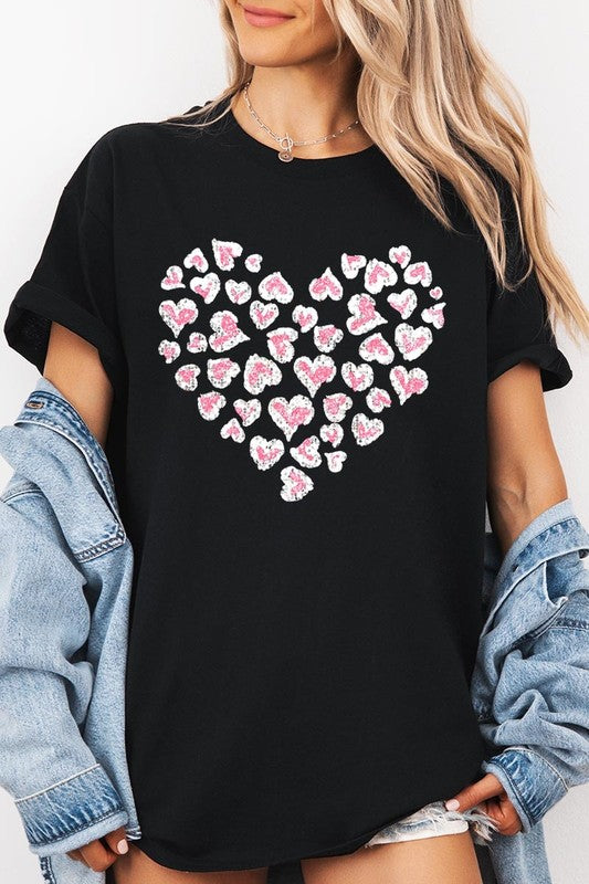 Faux Sequins Leopard Heart Graphic Plus Tee