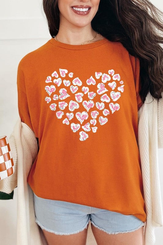 Faux Sequins Leopard Heart Graphic Plus Tee