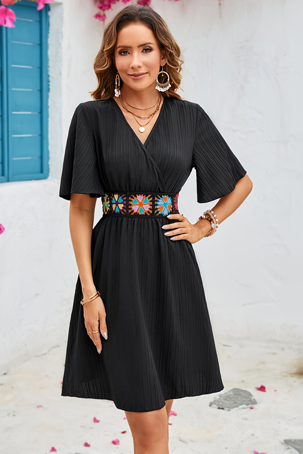 Black Floral Embroidered Belt Flutter Sleeve V Neck A Line Dress