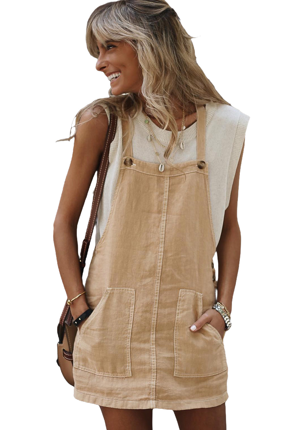 Parchment Side Buttons Sleeveless Overall Mini Dress