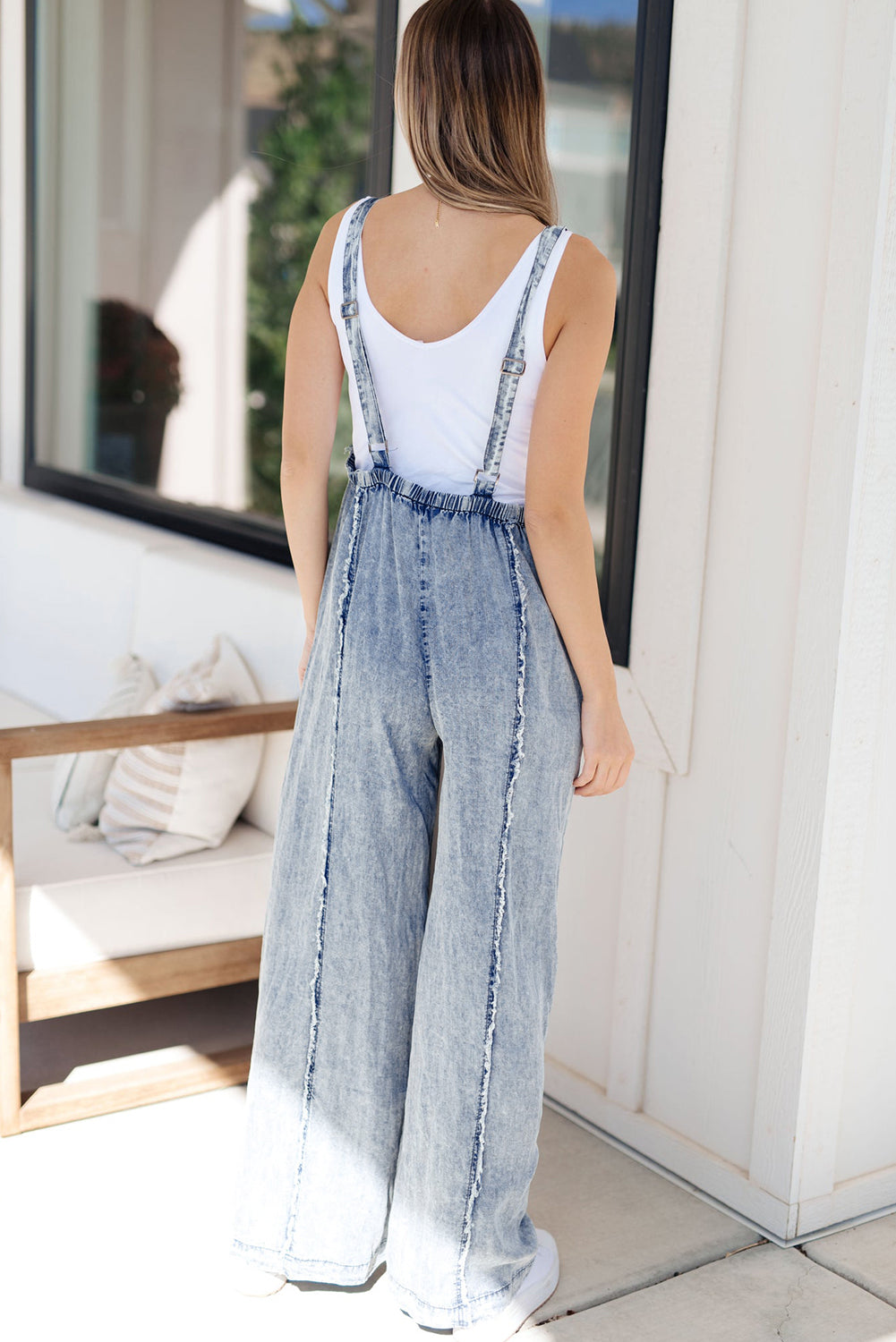 Dark Grey Light Wash Frayed Exposed Seam Wide Leg Denim Overalls