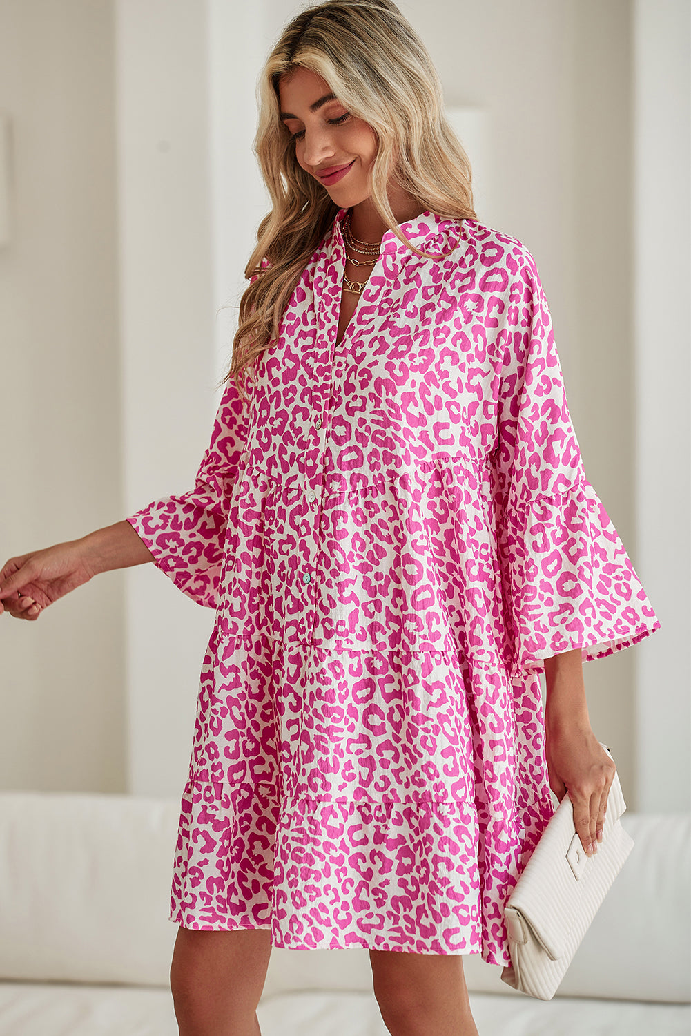 Bright Pink Leopard Print Flounce Sleeve Mini Dress