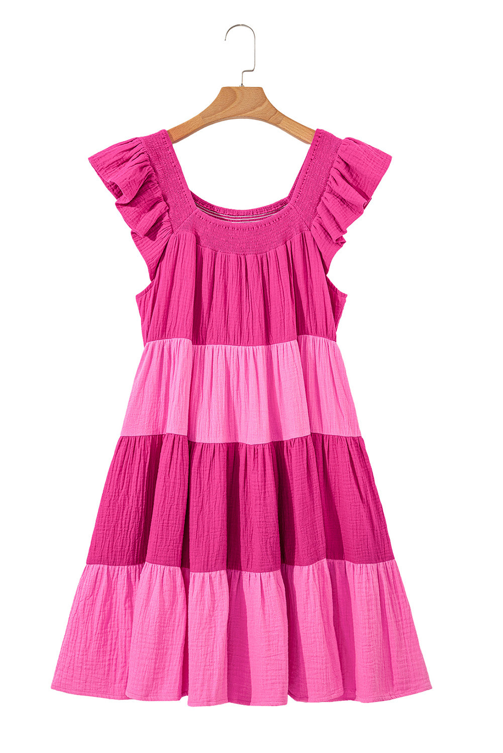 Pink Crinkled Colorblock Patchwork Tiered Mini Dress