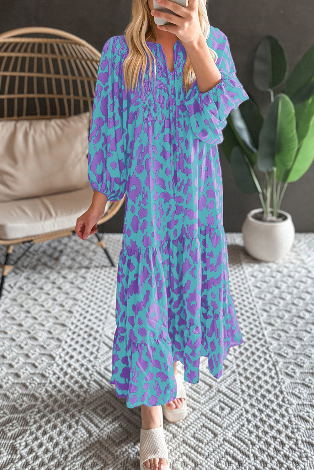 Green Abstract Print Puff Sleeve Smocked V Neck Maxi Dress