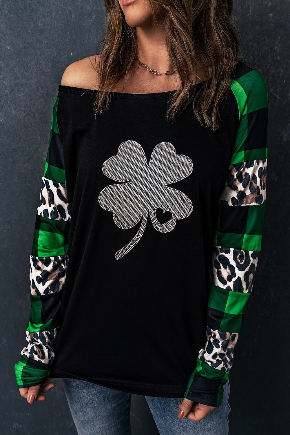 Green Leopard Plaid Patchwork Long Sleeve Rhinestone Lucky Clover Graphic Top