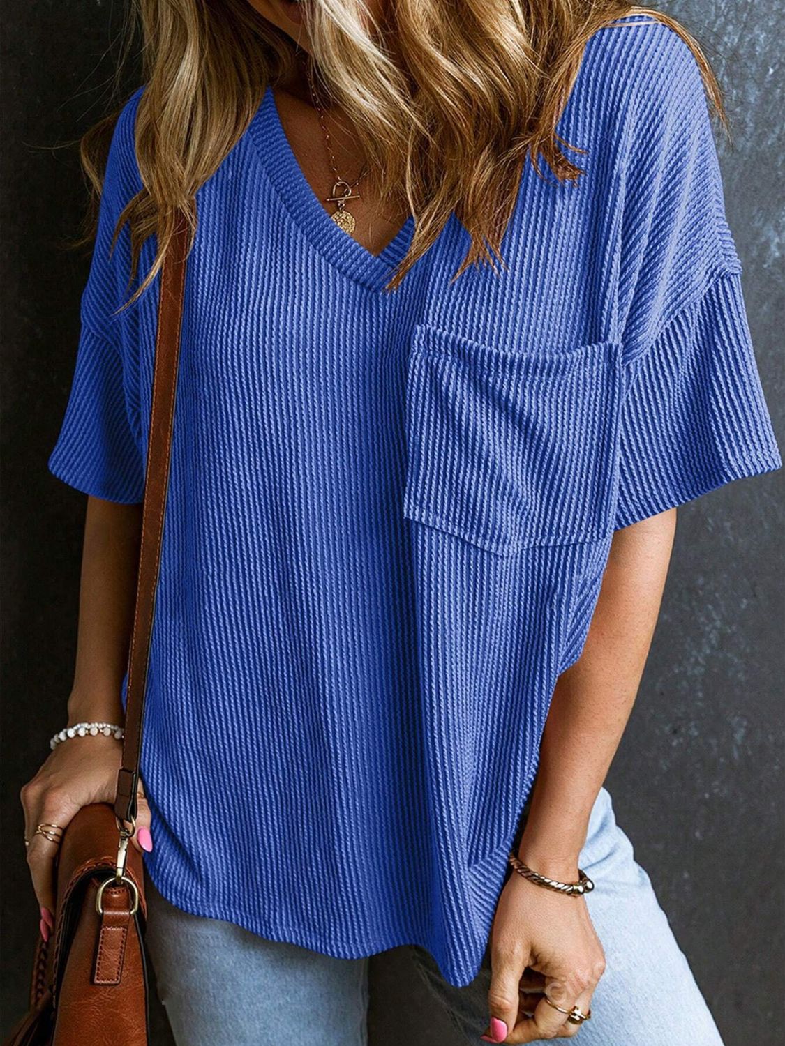 Textured V-Neck Half Sleeve T-Shirt