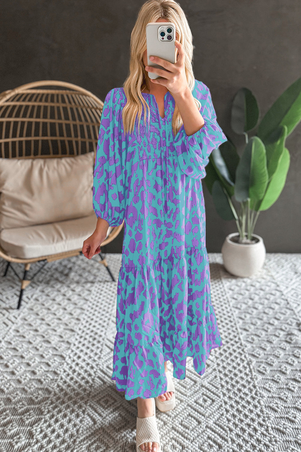 Green Abstract Print Puff Sleeve Smocked V Neck Maxi Dress