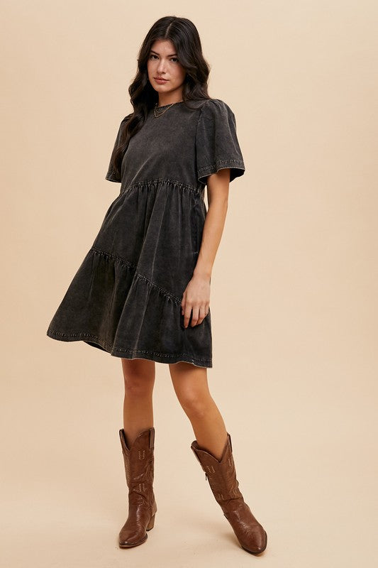 Annie Wear Mineral Washed Round Neck Short Sleeve Denim Dress