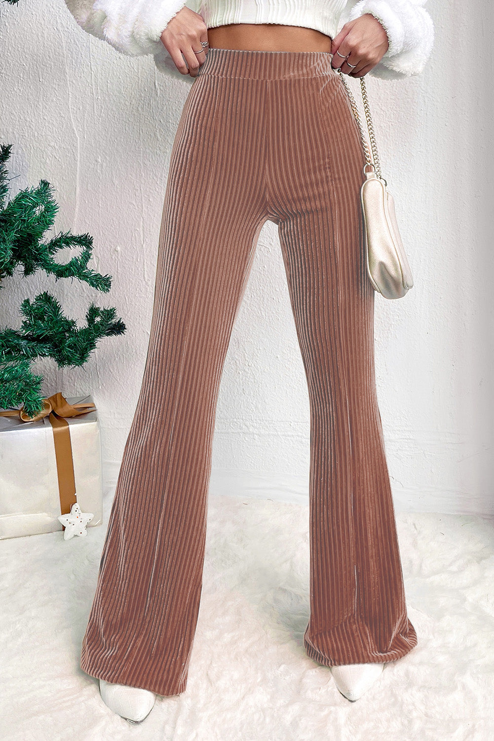 Black Solid Color High Waist Corduroy Flare Pants