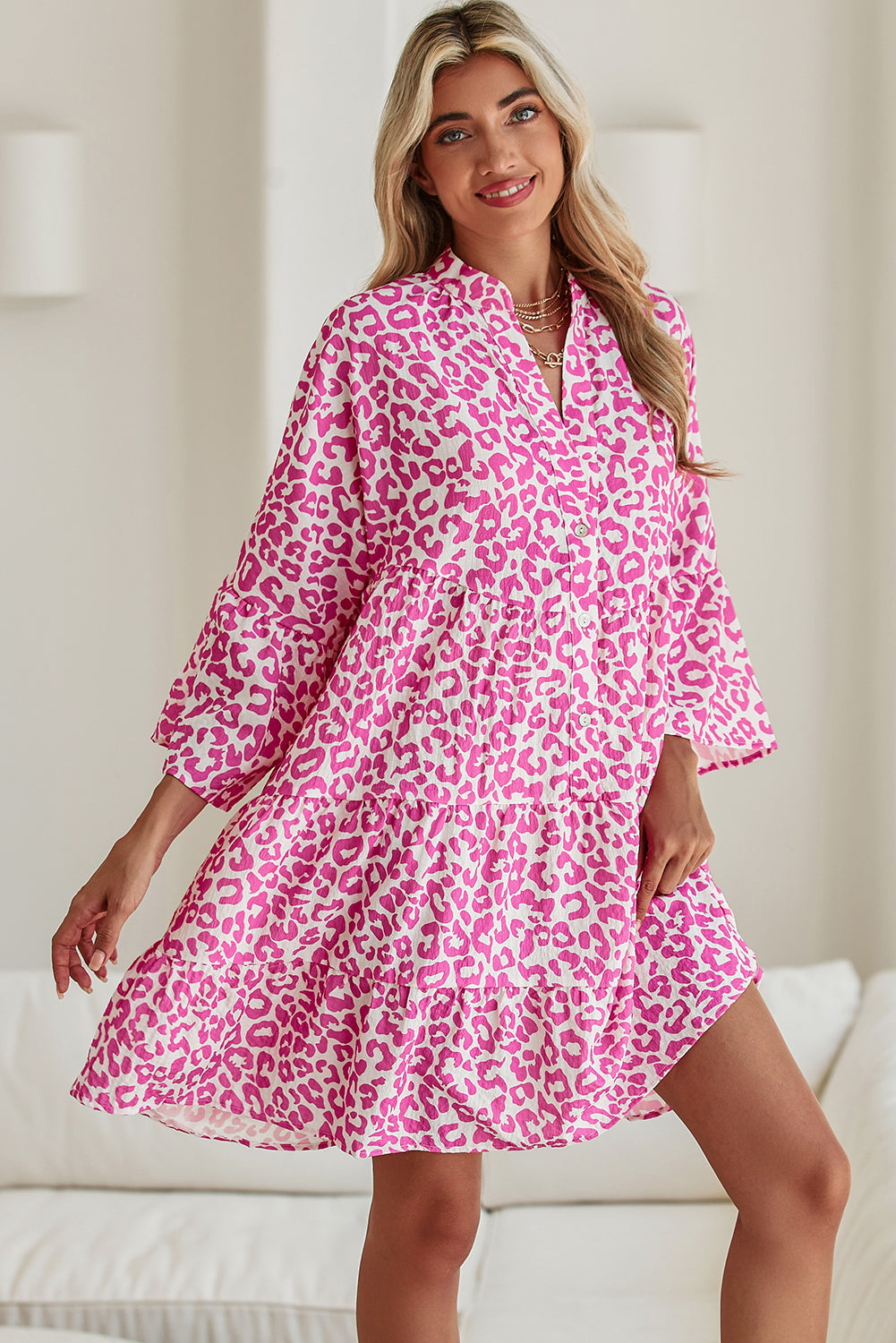 Bright Pink Leopard Print Flounce Sleeve Mini Dress