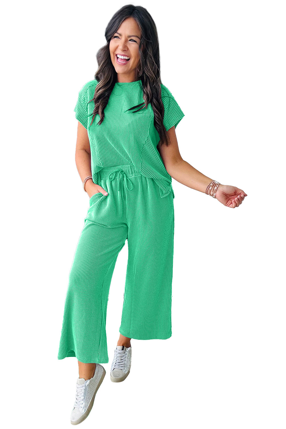 Bright Green Solid Corded T Shirt and Wide Leg Pants Set