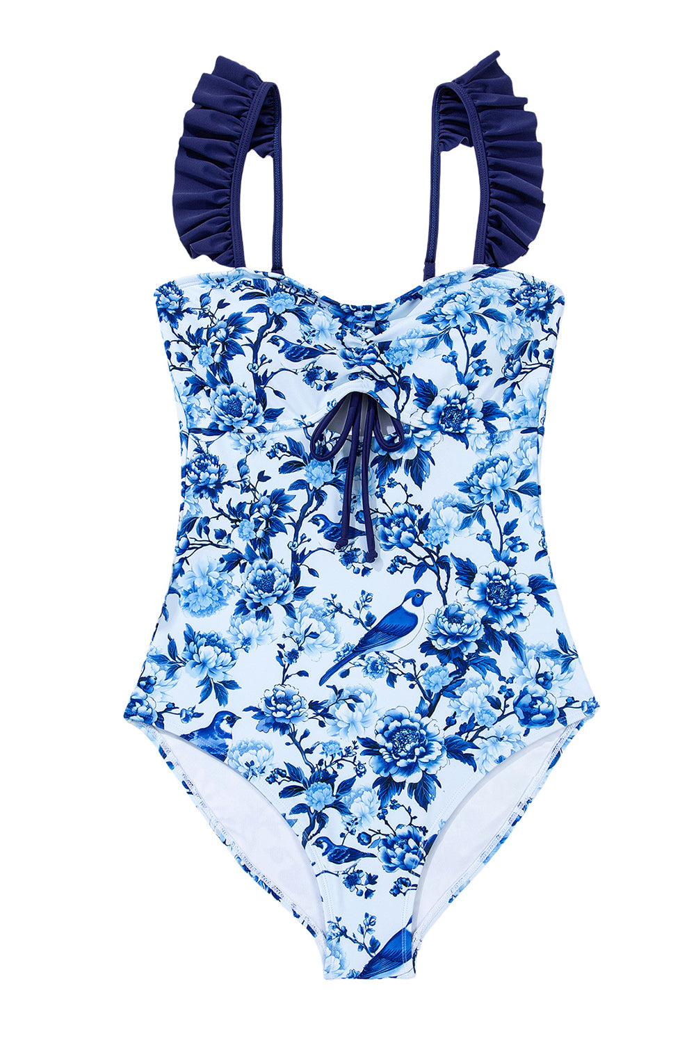 Blue Cutout Ruffle Spaghetti Strap One-Piece Swimwear