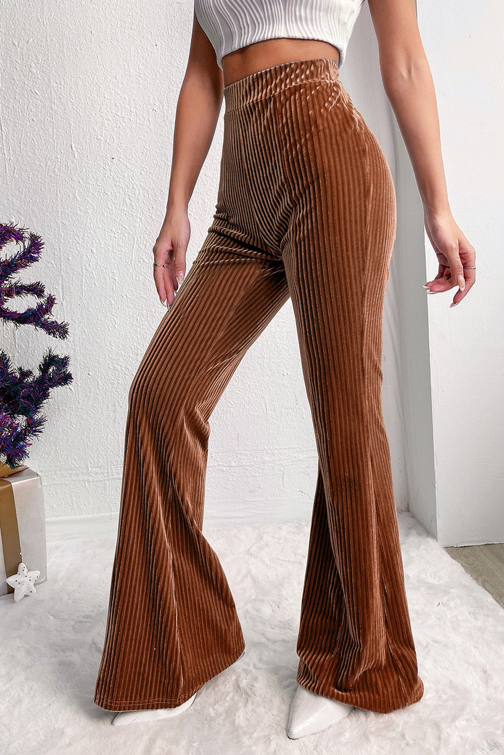 Black Solid Color High Waist Corduroy Flare Pants