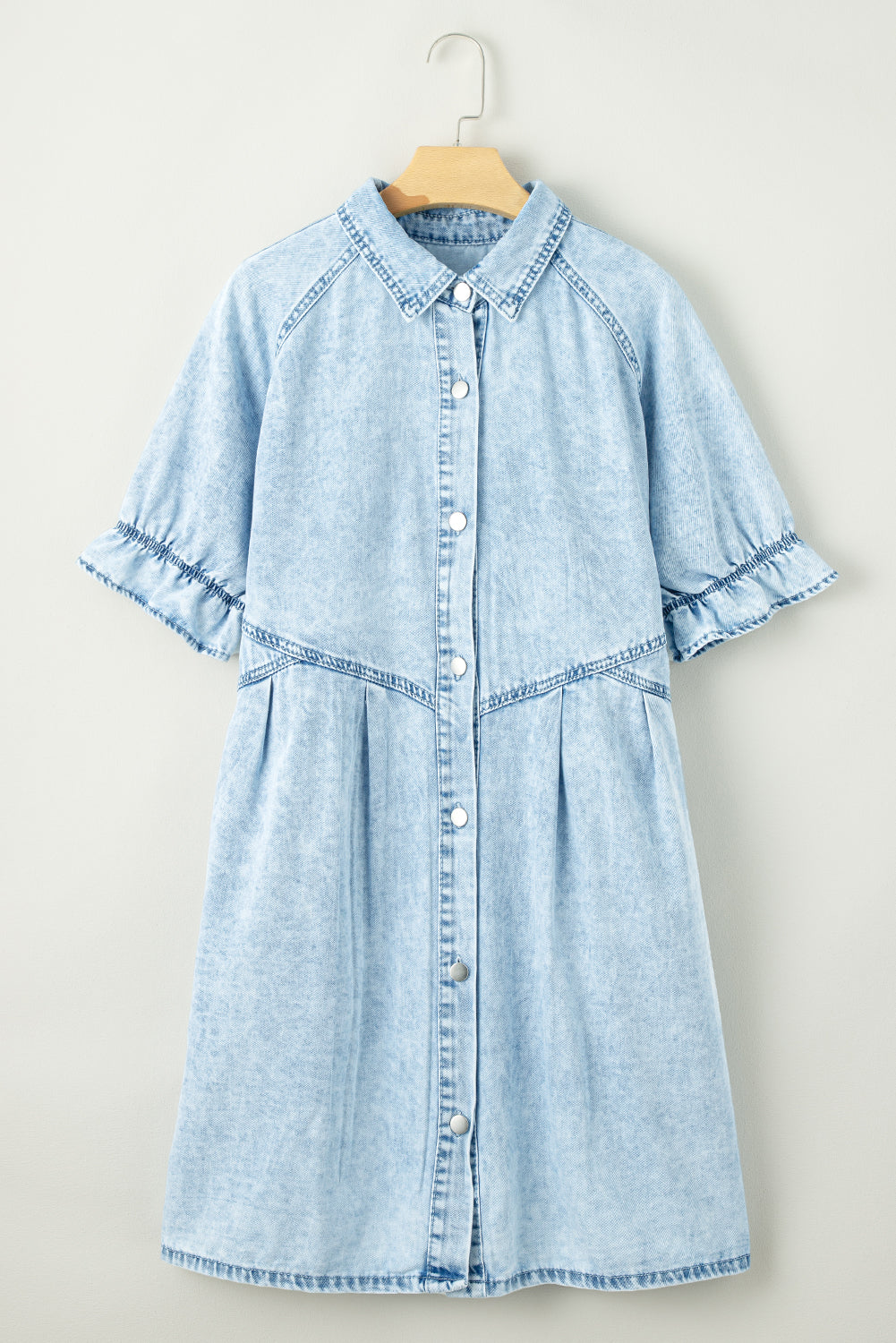 Blue Mineral Washed Ruffled Short Sleeve Pocketed Denim Dress