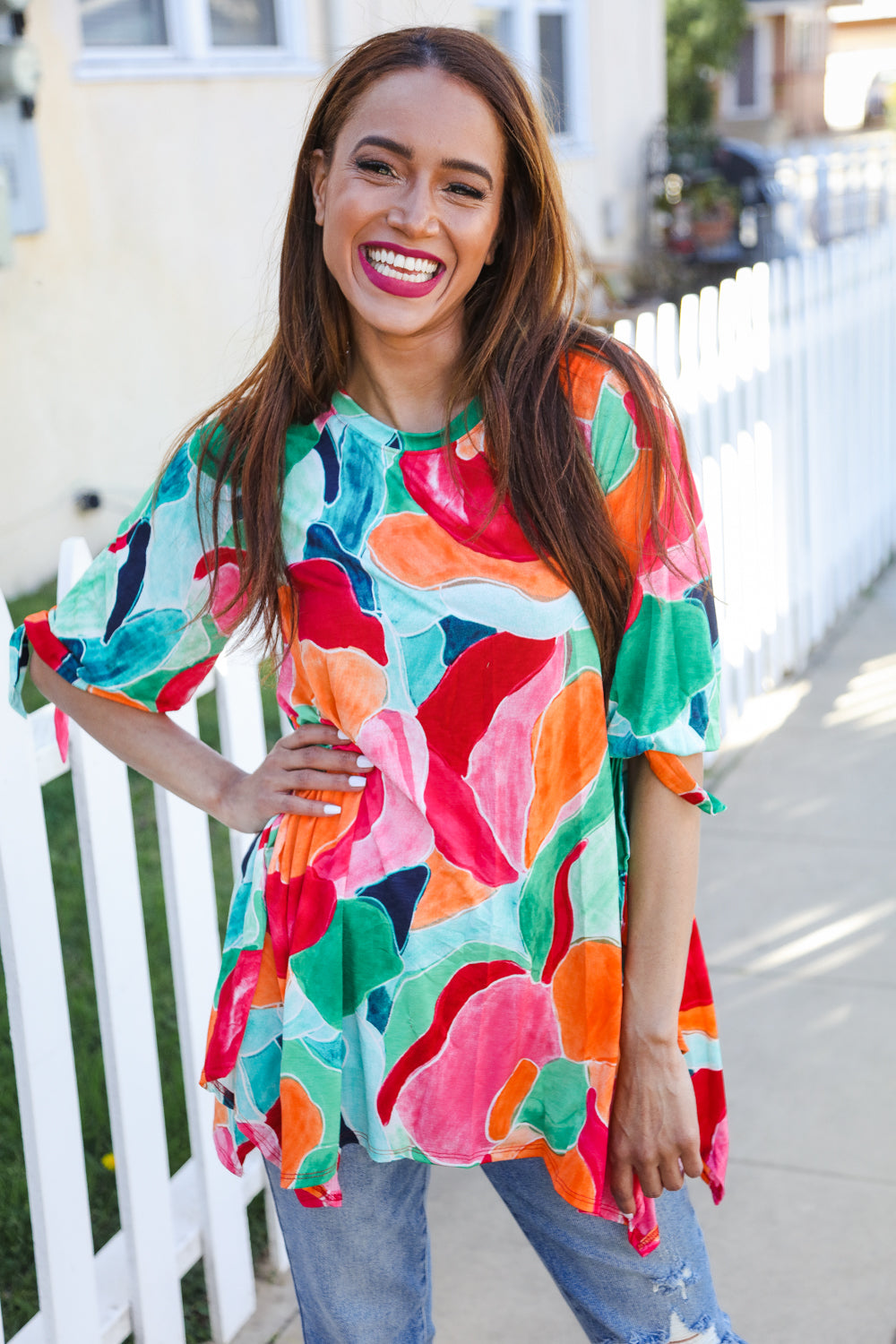 Sieze The Day 3/4 Tie Sleeve Shark Bite Hem Abstract Print Tunic