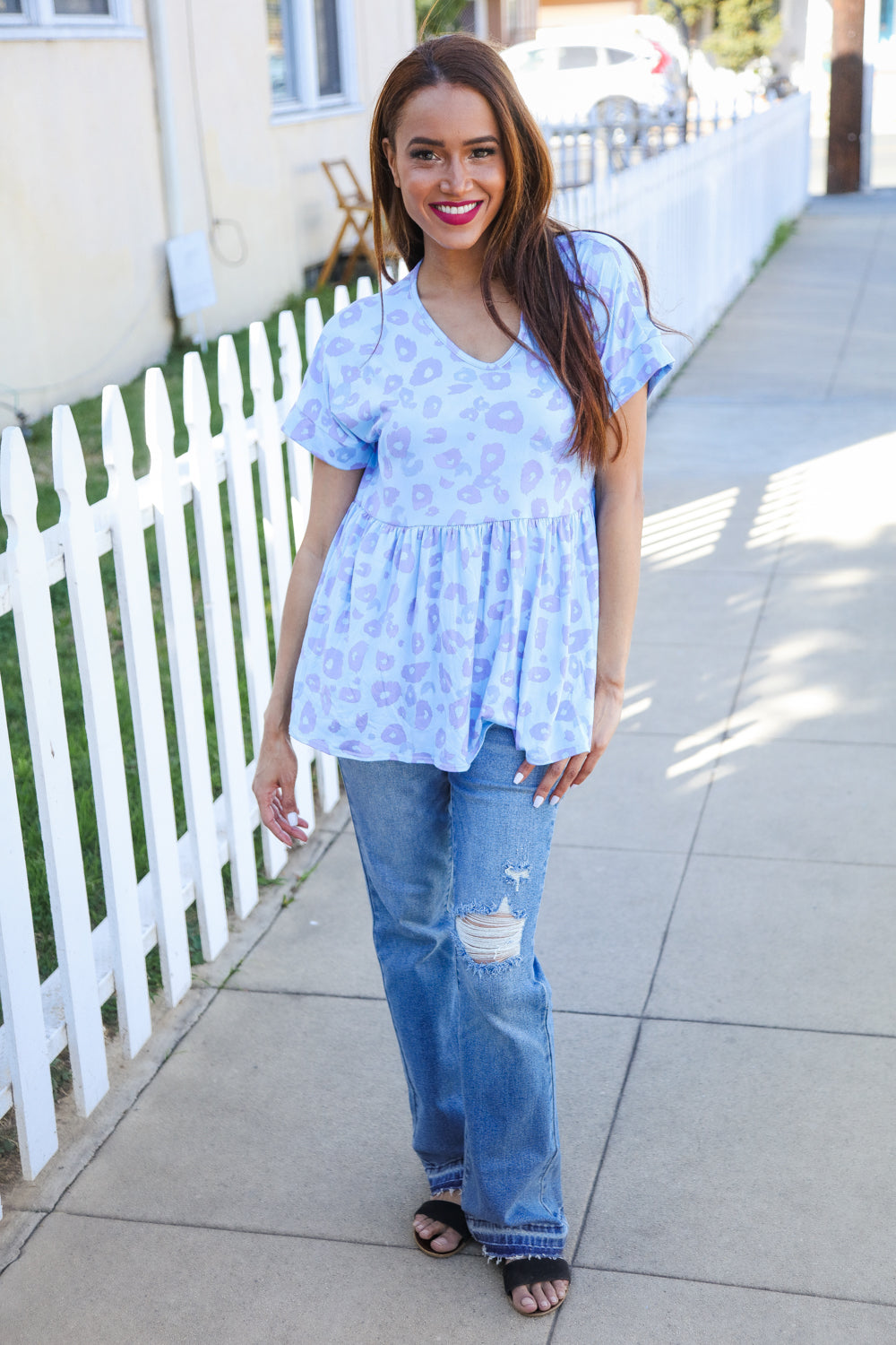 Dazzle in Blue/Lilic Animal Print Dolman Babydoll Top