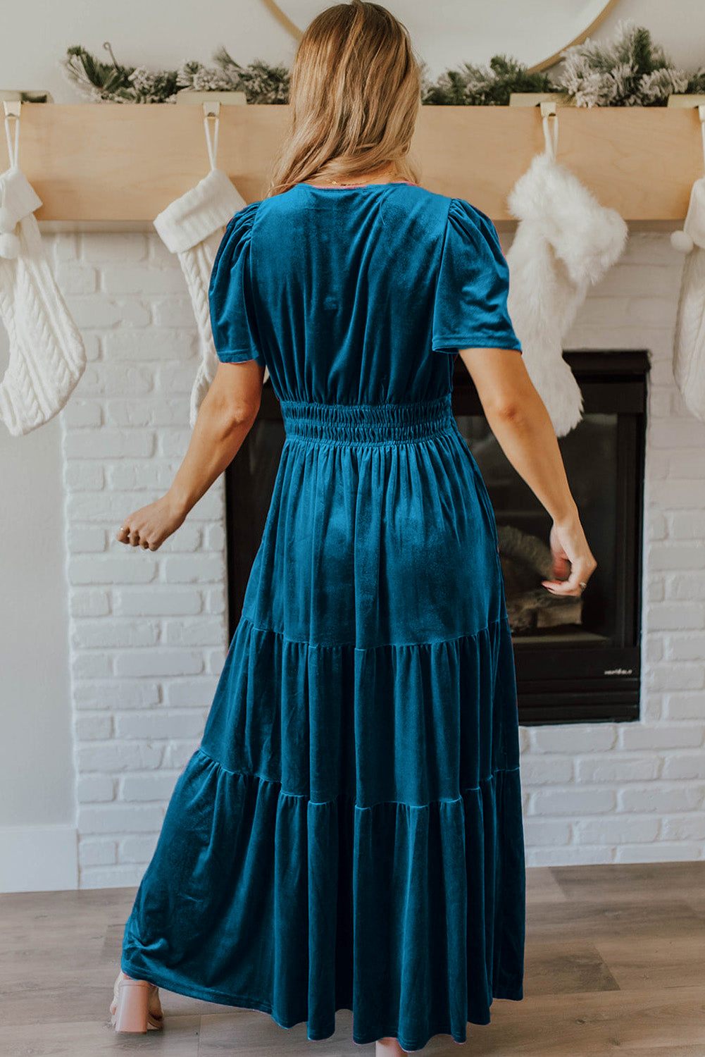 Evergreen Velvet Puff Short Sleeve Smocked Waist Tiered Maxi Dress