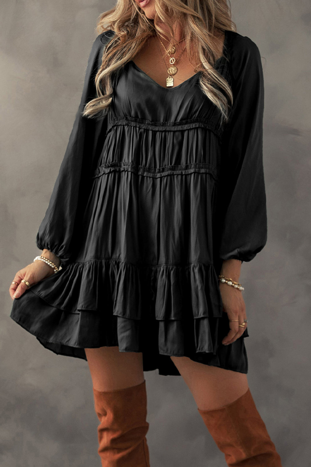 Mist Green Puff Sleeve Loose Fit Tiered Ruffle Mini Dress