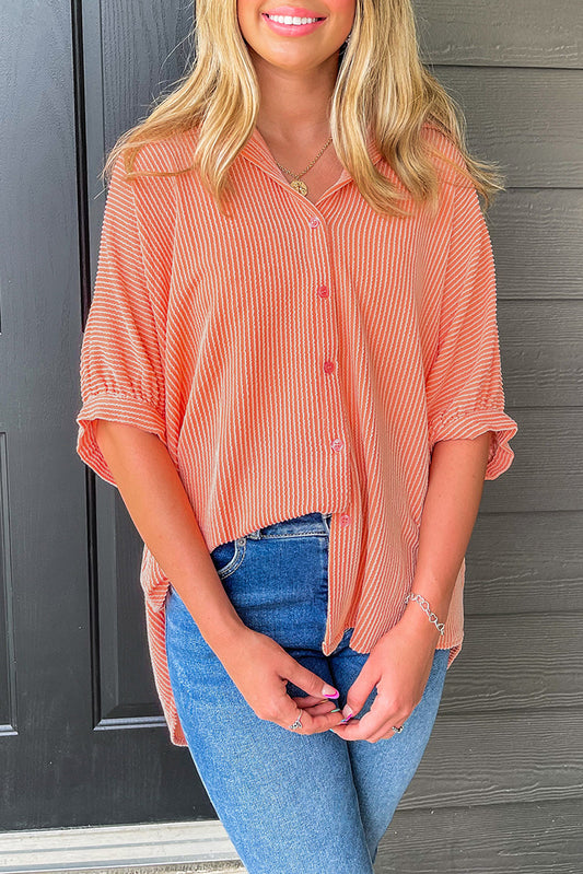 Grapefruit Orange Corded Half Sleeve High Low Hem Loose Shirt