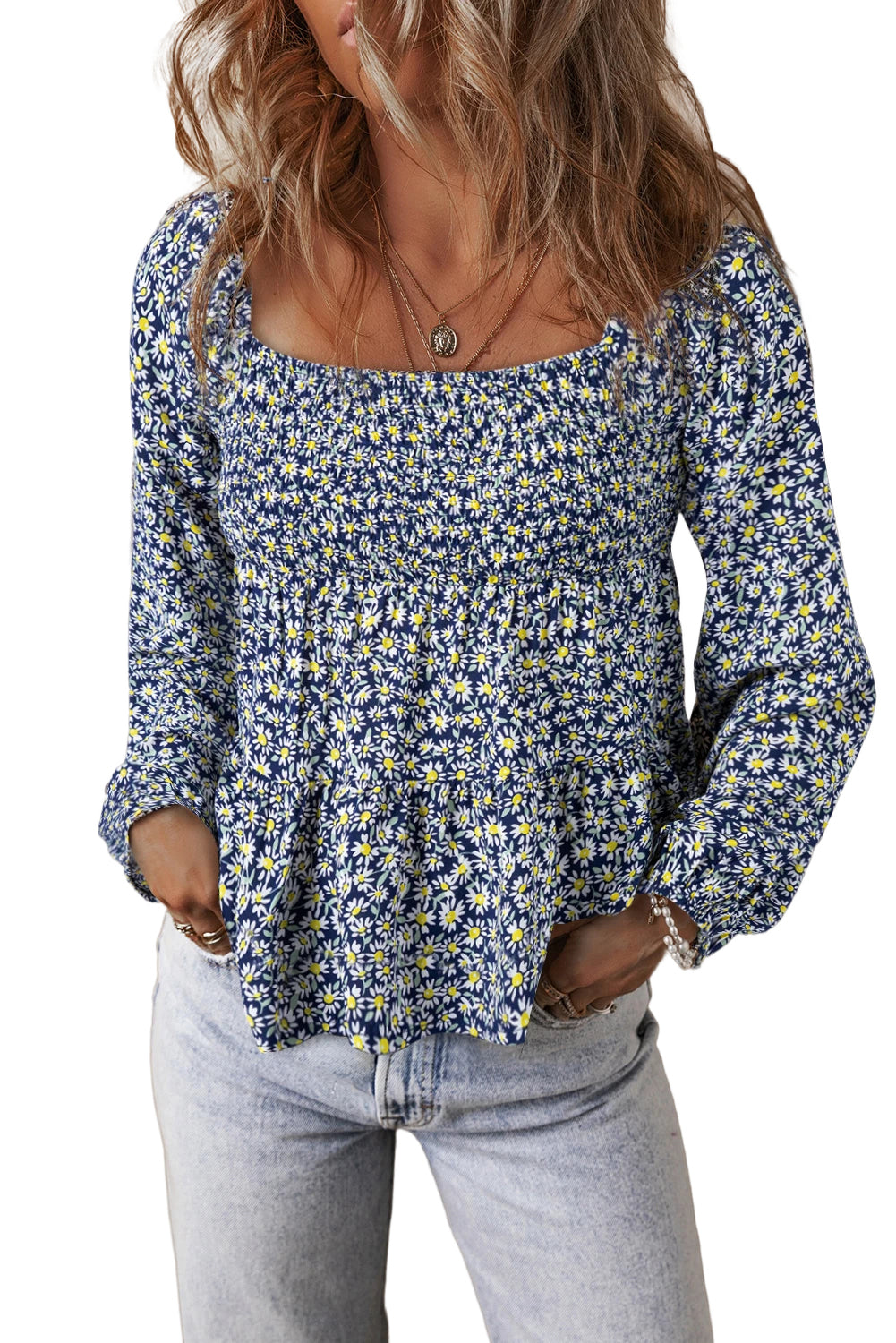 Blue Boho Floral Print Smocked Square Neck Blouse