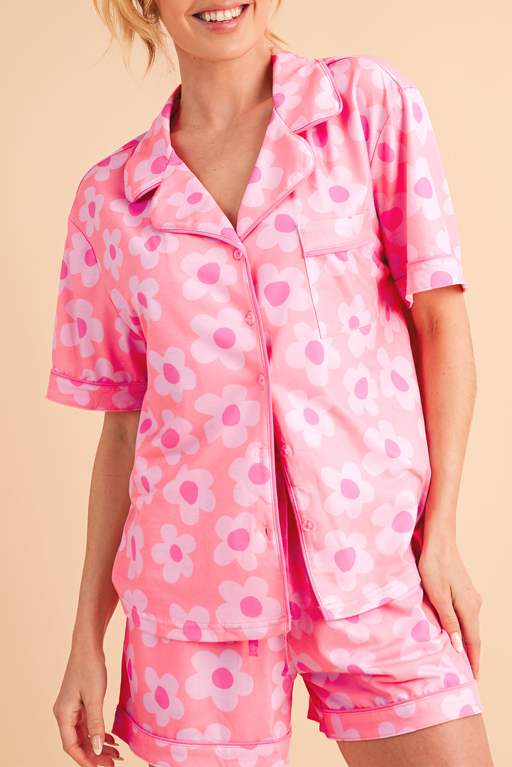 Pink Flower Print Buttoned Shirt And Drawstring Waist Pajama Set