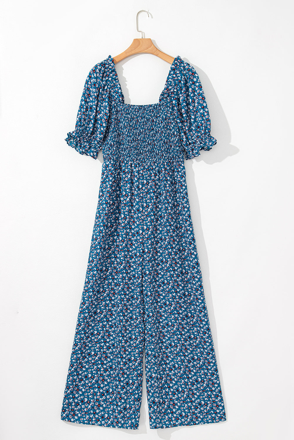 Blue Vintage Boho Floral Smocked Short Puff Sleeve Wide Leg Jumpsuit