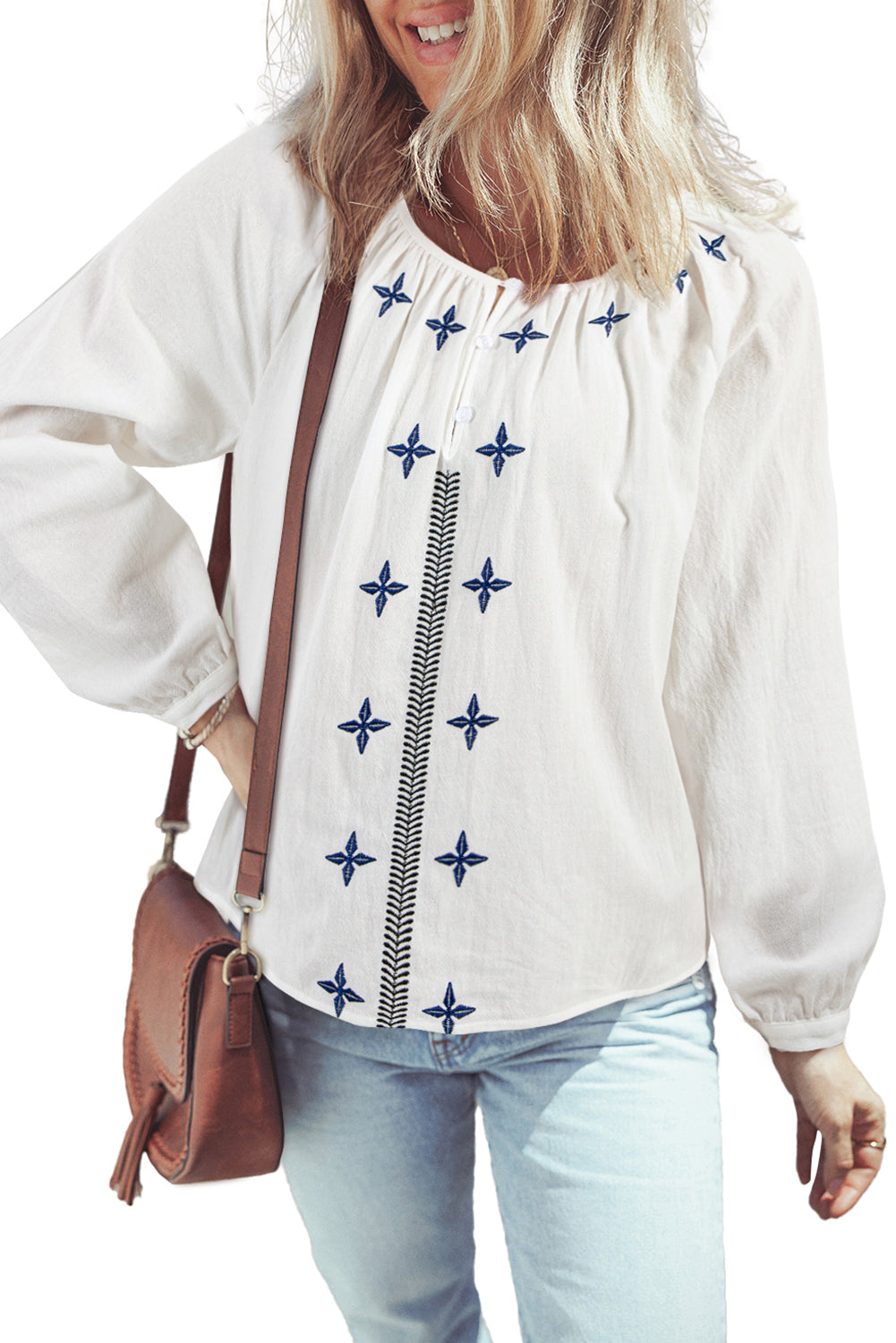 White Geometric Embroidered Crinkle Button Blouse