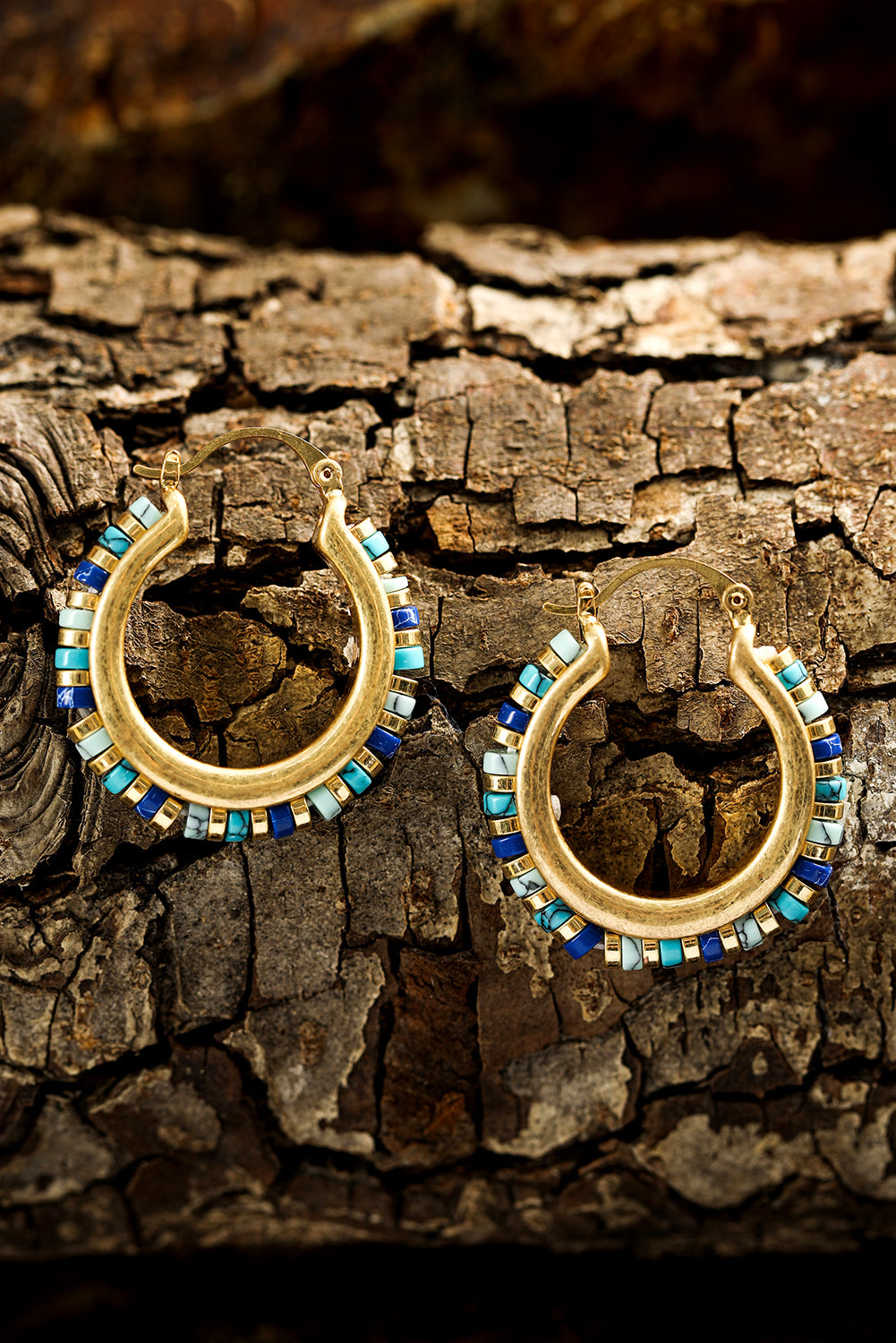 Gold Boho Beaded Turquoise Hoop Earrings