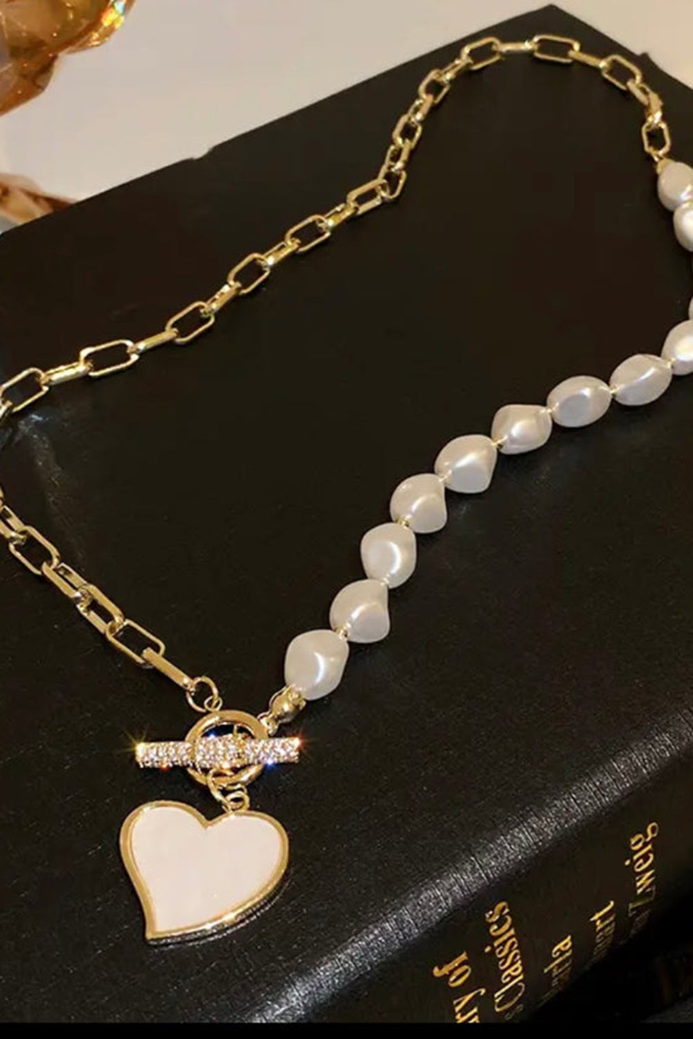 Gold Heart Shape Pendant Rhinestone Pearl Chain Necklace