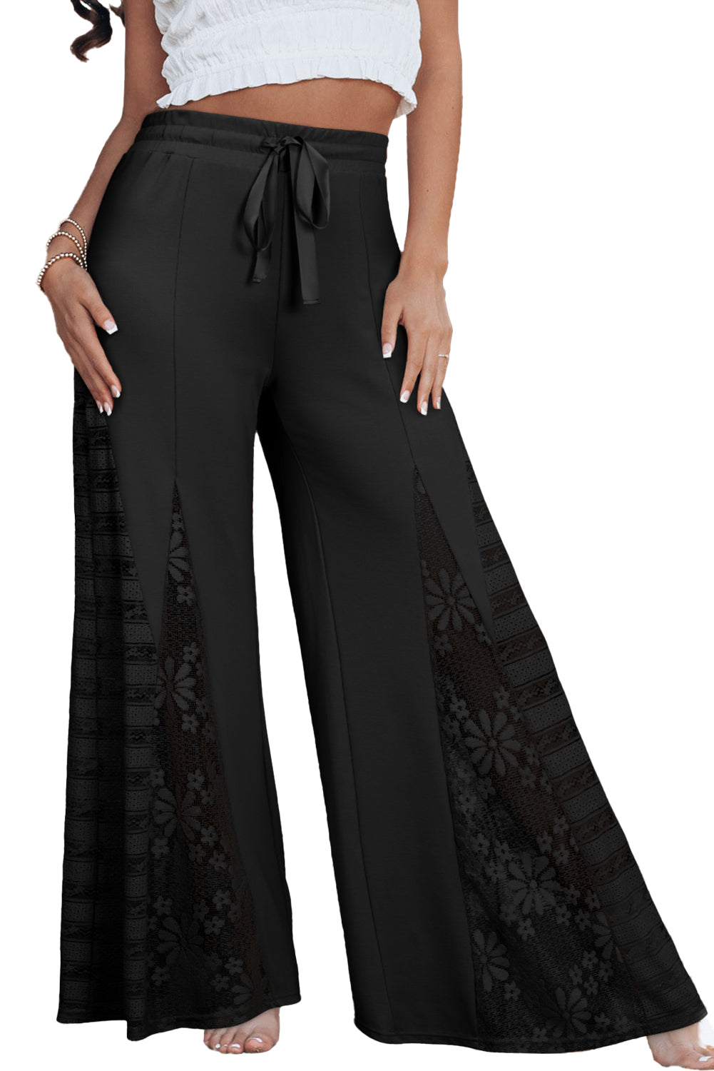 Black Lace Patchwork Wide Leg High Waist Pants