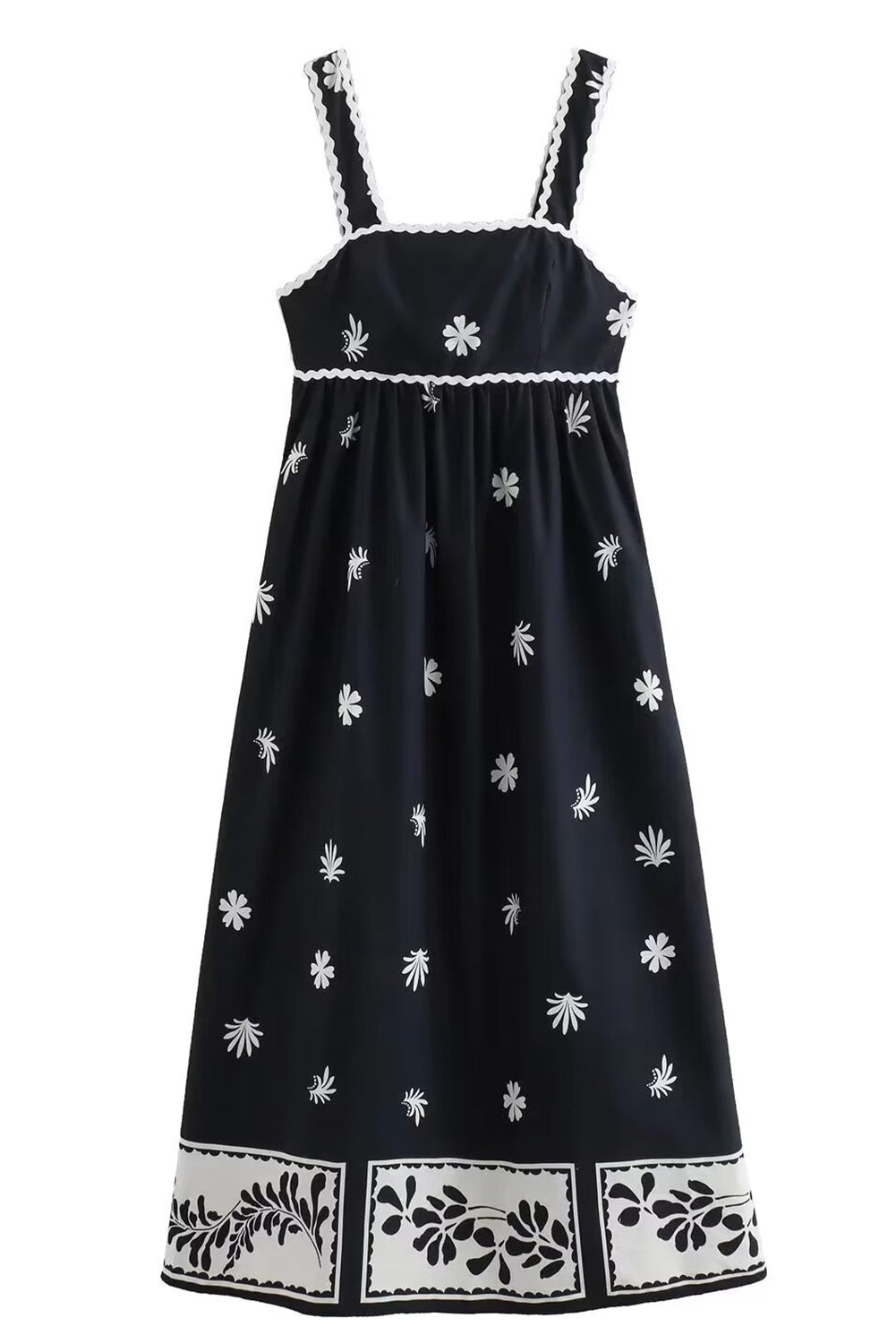 Black Floral Ricrac Sleeveless High Waist Midi Dress