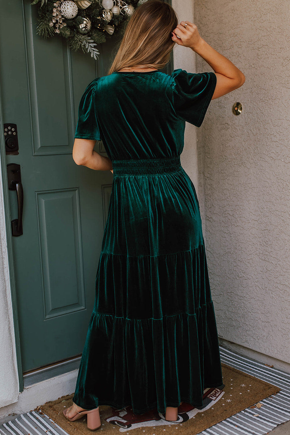 Evergreen Velvet Puff Short Sleeve Smocked Waist Tiered Maxi Dress