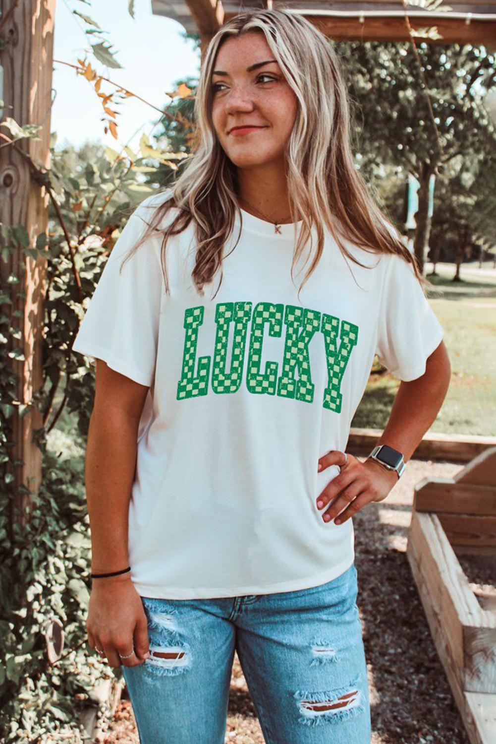 White Checkerboard LUCKY Graphic St Patrick Tee