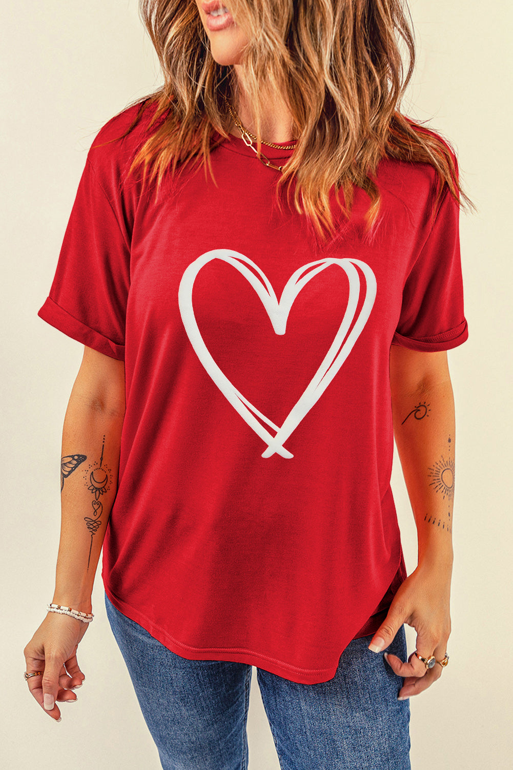 Red Double Heart Pattern Valentines Crewneck Tee