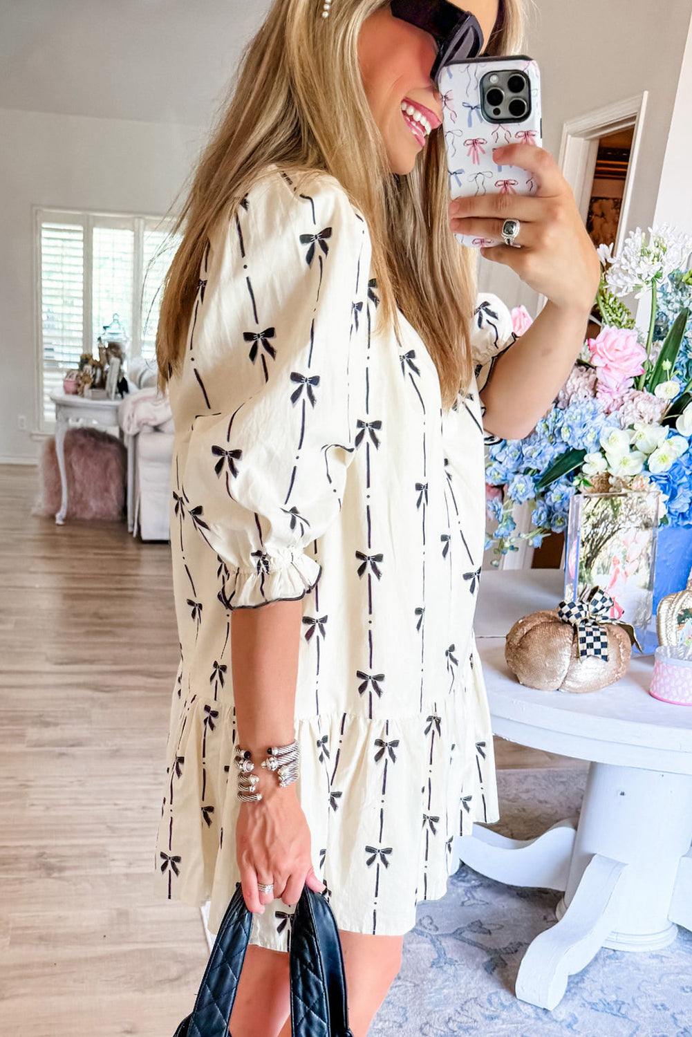 Beige Cute Bowknot Printed Bubble Sleeve V Neck Mini Dress