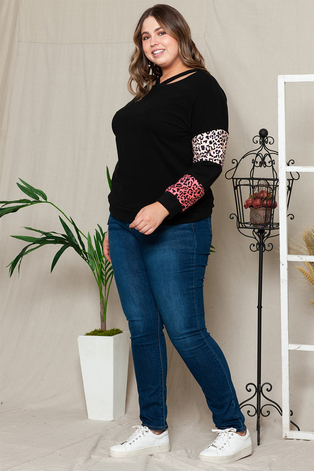 Black Plus Size Leopard Patchwork Strappy Neck Top