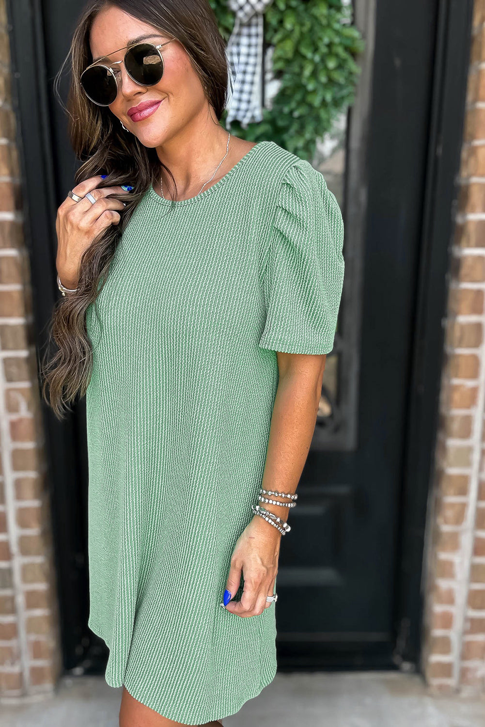 Mint Green Corded Crew Neck Puff Sleeve Mini Dress