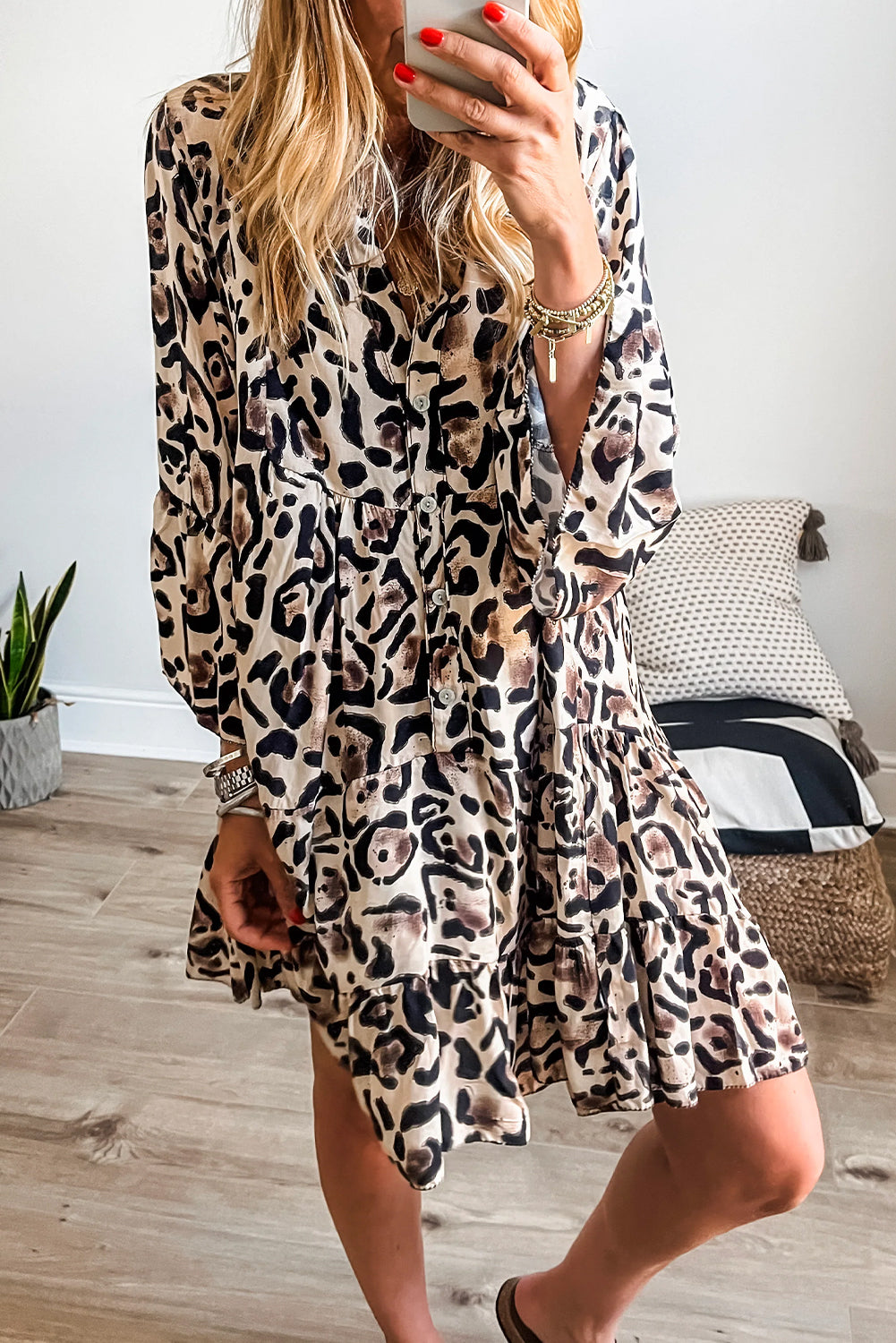 Khaki Leopard Button V Neck Pocket Flowy Mini Dress