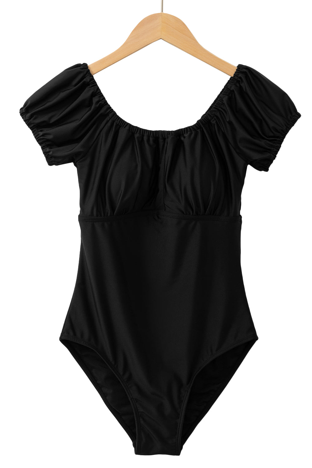 Black Elastic Neckline Short Sleeve One Piece Swimsuit