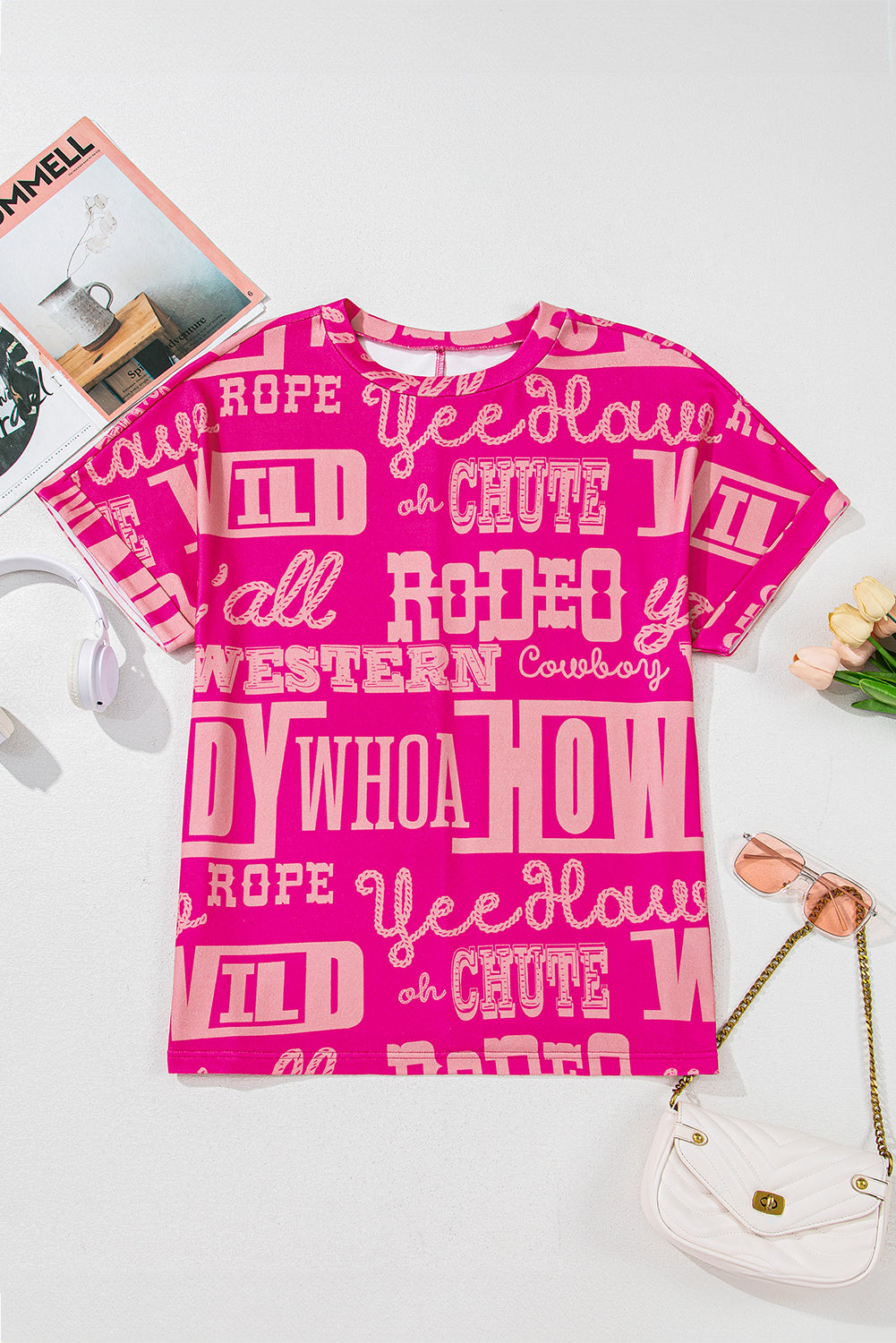 Rose Cowboy Letter Print Graphic Loose Tee