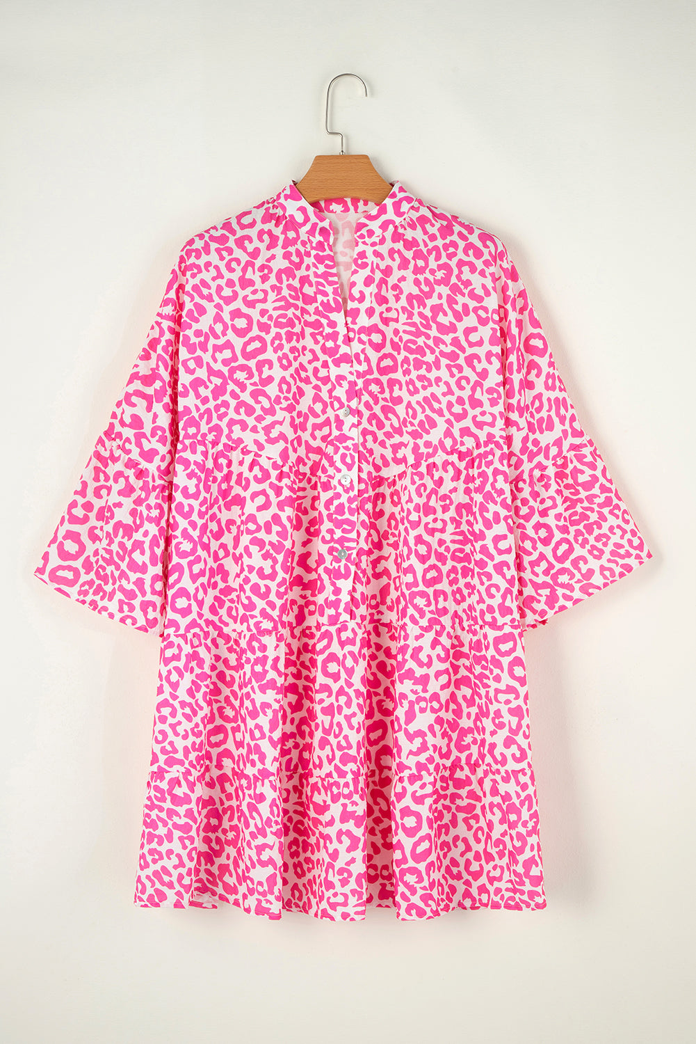 Bright Pink Leopard Print Flounce Sleeve Mini Dress